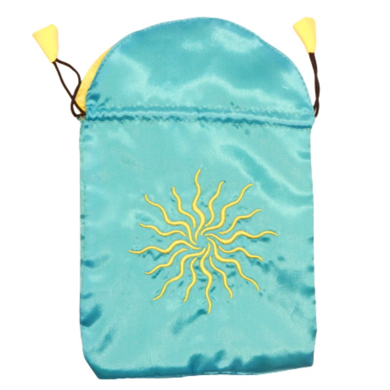 blue tarot bag with yellow sun embroidered on front