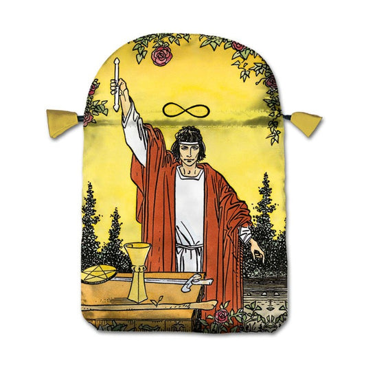 yellow tarot bag with image of the magician holding a wand above his head