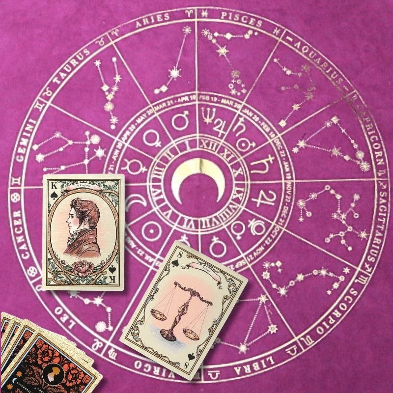 purple and gold printed tarot cloth printed with astrological signs  with tarot cards placed o top