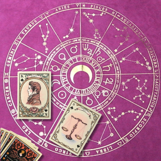 purple and gold printed tarot cloth printed with astrological signs  with tarot cards placed o top