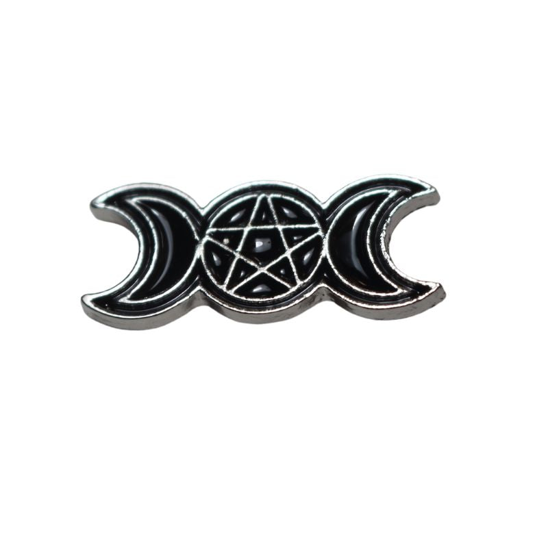 Triple Moon Pentacle Enamel Badge, Witchy Bag Charm Or Hat Pin