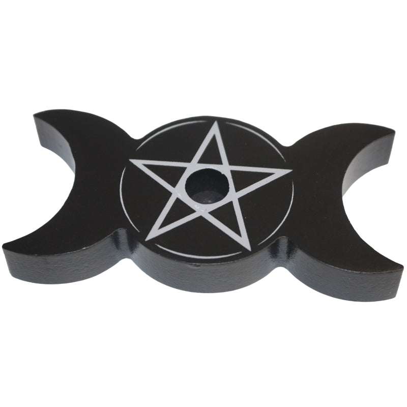 Black triple moon candle holder with pentacle design 