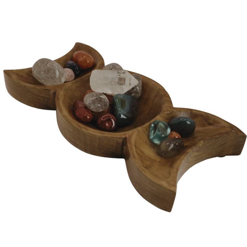 Teak Carved Triple Moon Wooden Bowl- Offering Bowl- Altar Bowl