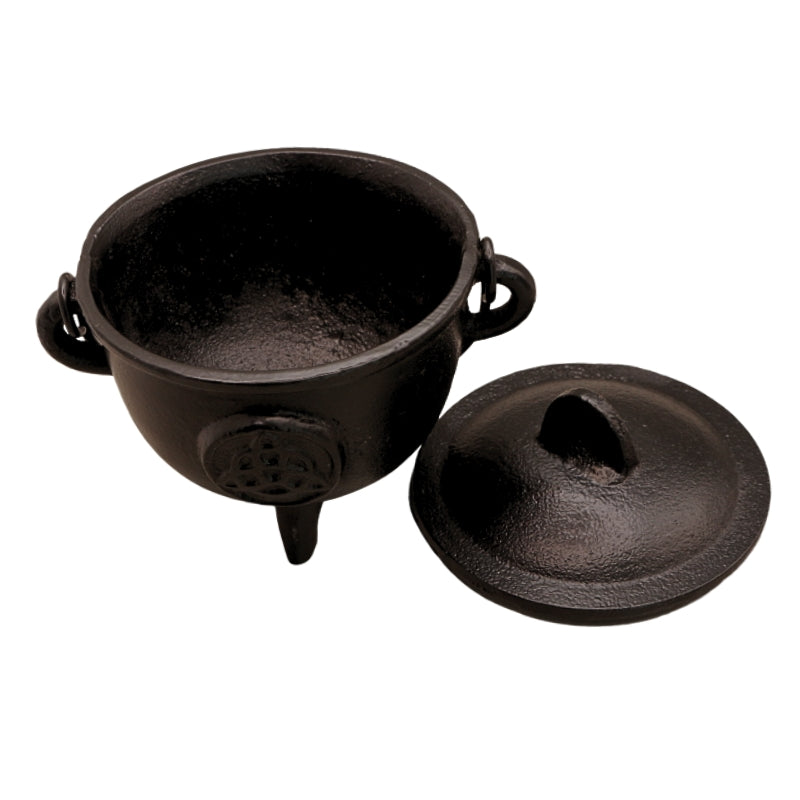 cast iron triquetra cauldron with lid off