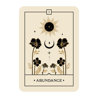 oracle card with floral design and celestial symbols on a beige background