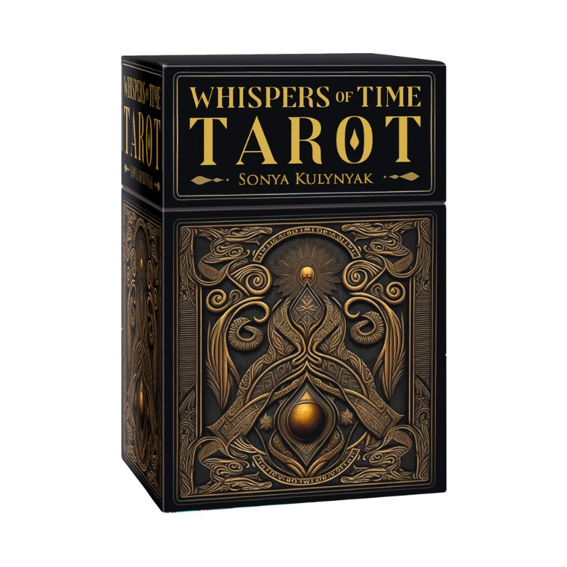 Tarot card box titled 'Whispers of Time Tarot' by Sonya Kulynyak with ornate design on a white background
