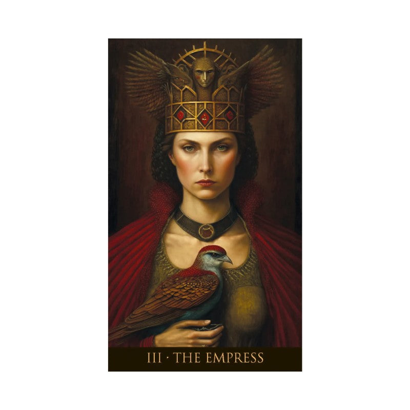 Tarot card featuring 'The Empress' with a woman holding a dove against a dark background.
