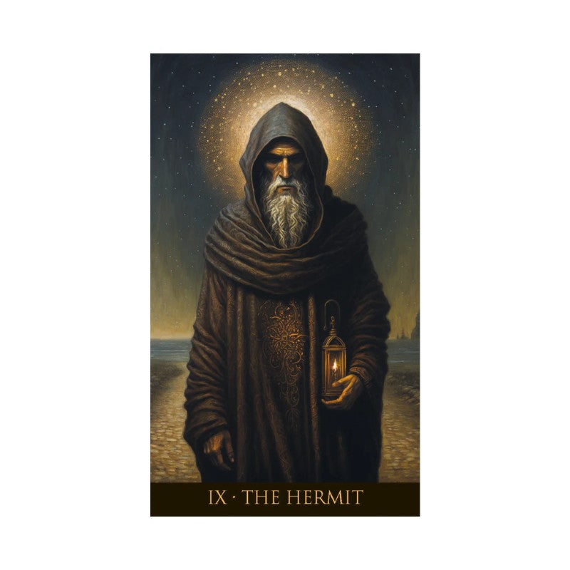 Tarot card featuring a hooded figure holding a lantern with a starry background.