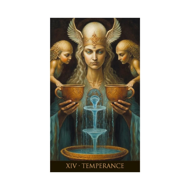 Tarot card featuring a central figure with wings holding cups, flanked by two smaller figures, with 'XIV Temperance' text at the bottom.