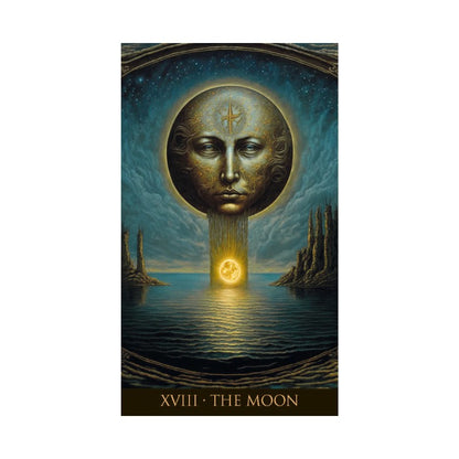Tarot card titled 'XVIII - The Moon' with a face design and celestial elements.