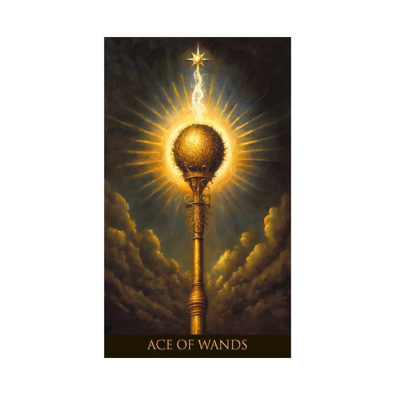 Ace of Wands tarot card with a glowing sphere and star against a cloudy sky.