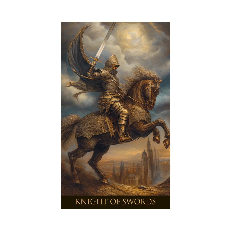 Decorative card with a knight on horseback and the text 'Knight of Swords' against a cloudy sky.