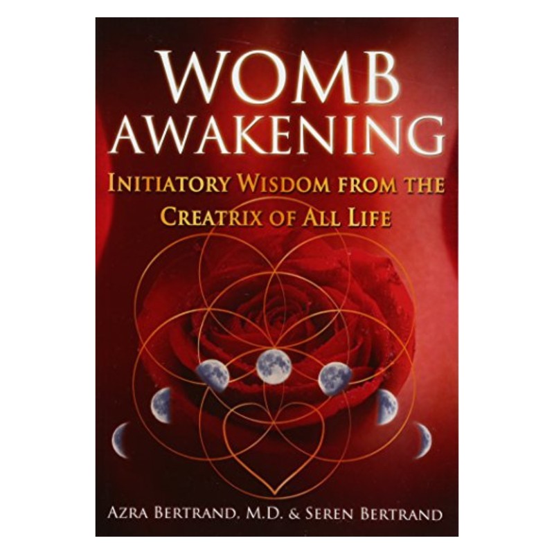 front cover of book- womb awakening showing a red rose and moon phases