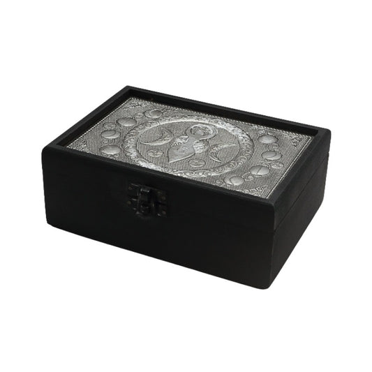Black jewelry box with silver goddess
 emblem on a white background