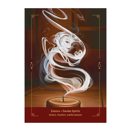 Yokai Oracle card with an Artistic depiction of a smoke sculpture with 'Enerra - Smoke Spirits' text on a wooden surface.
