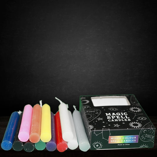 Multi coloured spell candles 12 pk in black box