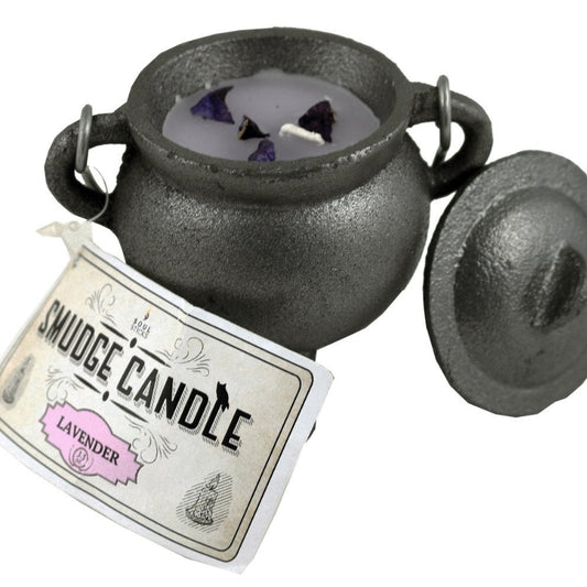 Lavender candle in a cast iron cauldron with lid