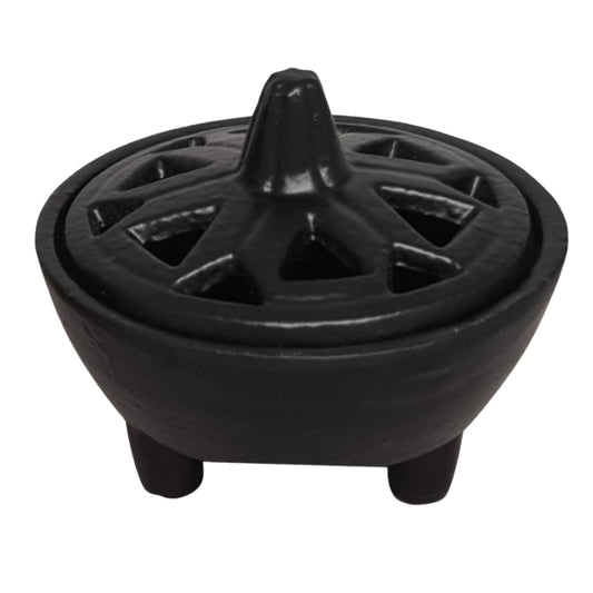 Black cast iron cauldron incense burner with holes in lid