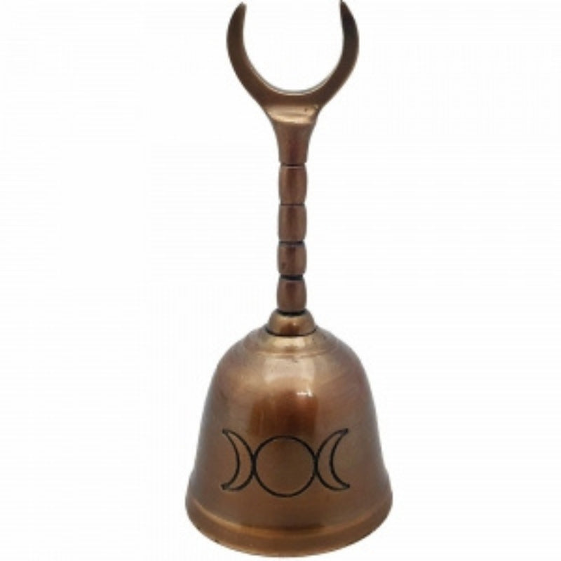 Bronze altar bell with triple moon design. Handle with upside down crescent moon at top