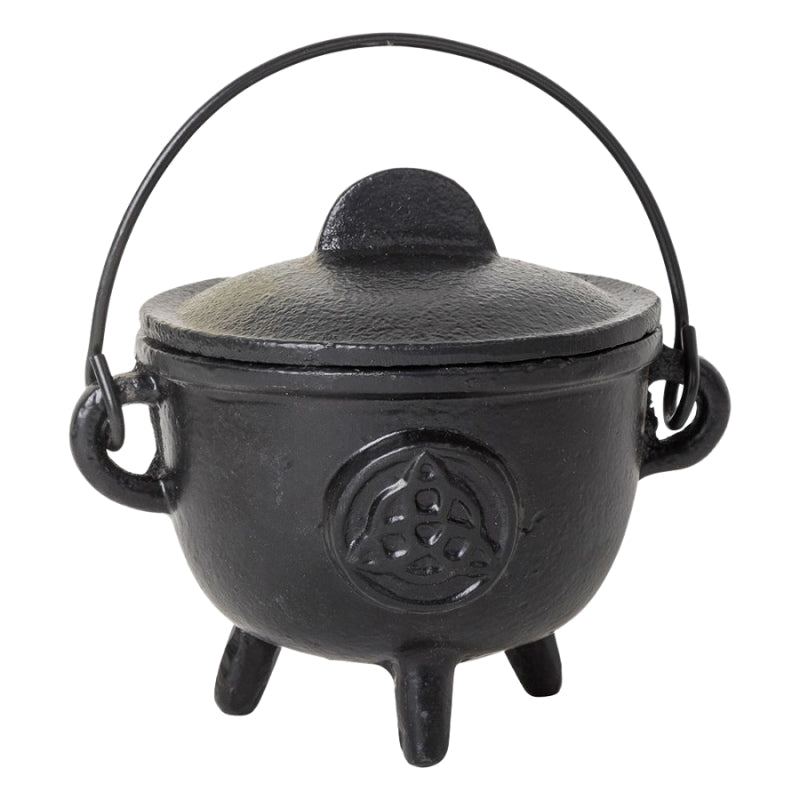 Black cast iron cauldron with triquetra design 