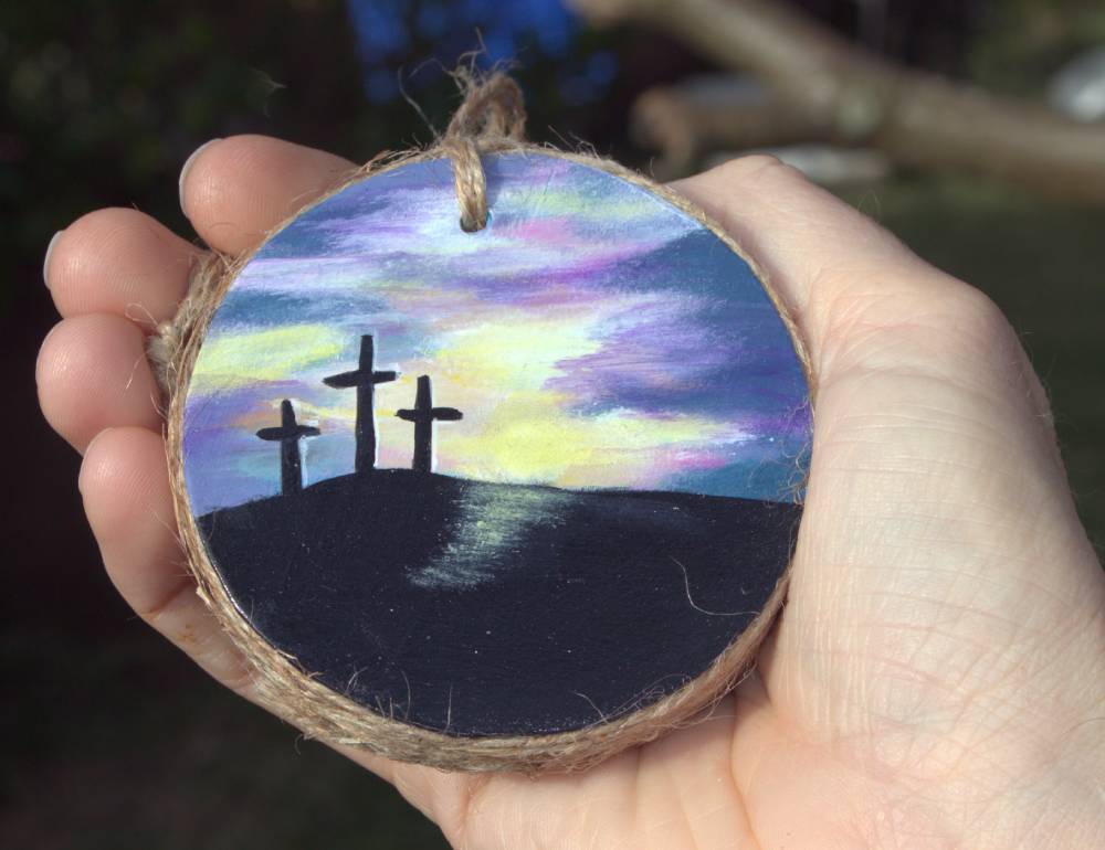 Hand Painted Wooden Ornament Church and the crucifixion- Home Décor