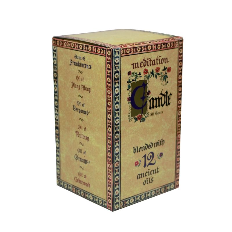 80 hour meditation candle  box- light yellow with a red and blue border