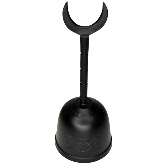 Black Altar bell with an inscription of the triple moon- 2 crescent moons on either side of the full moon with a 5 pointed star (pentagram) inside. Handle has a horned shape on top representing an upside down crescent moon