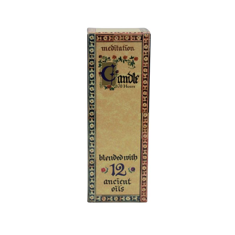 70 hour meditation candle  box- light yellow with a red and blue border