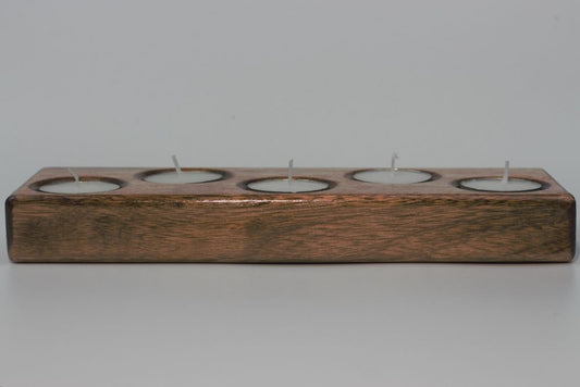 wooden candle holder centrpiece with 5 tealight candles