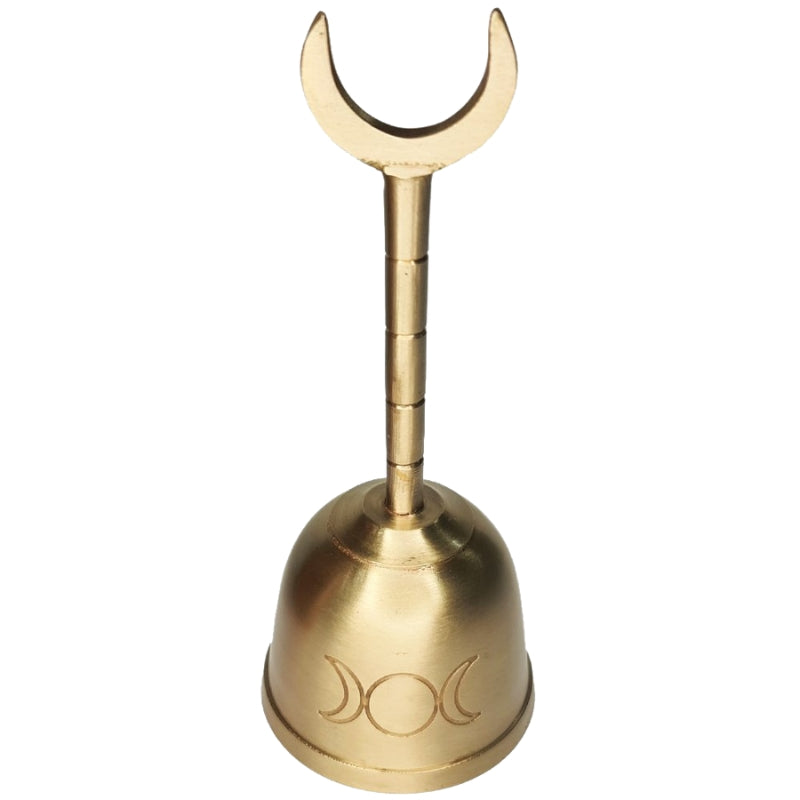 Gold altar bell with triple moon symbol engraved on front and an upside down xrescent moon on top of handle