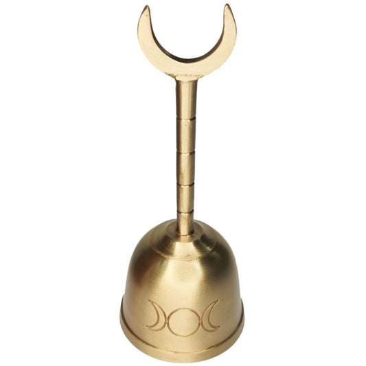 Gold altar bell with triple moon symbol engraved on front and an upside down xrescent moon on top of handle