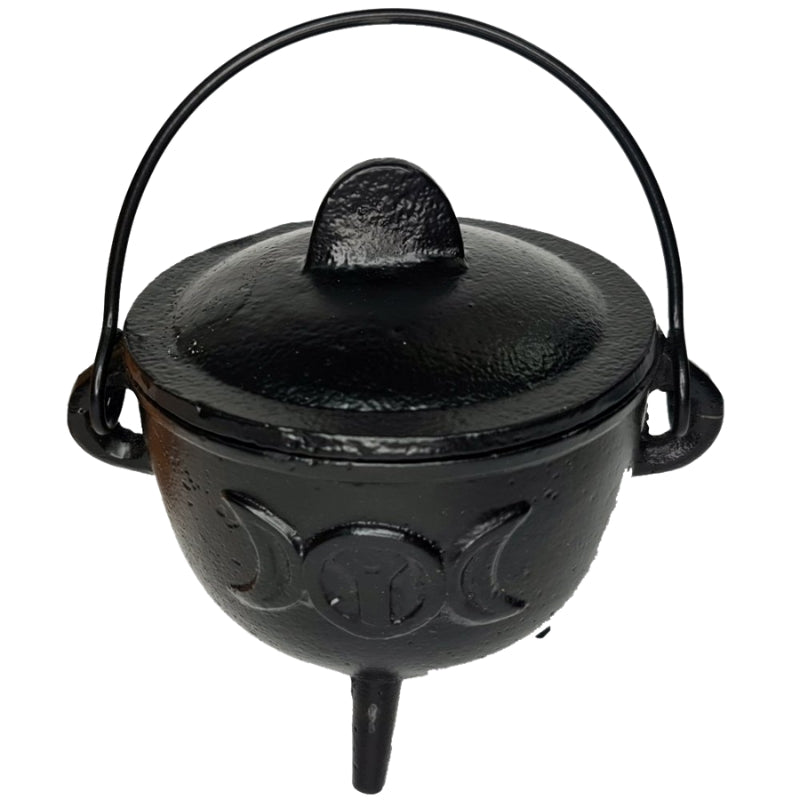 Black cast iron cauldron with triple moon design 