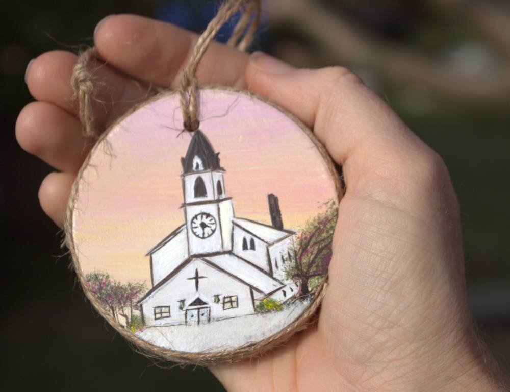 Hand Painted Wooden Ornament Church and the crucifixion- Home Décor