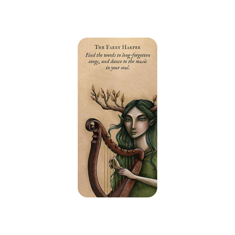 pink Forest fae oracle card  with a forest fairy playing a harp