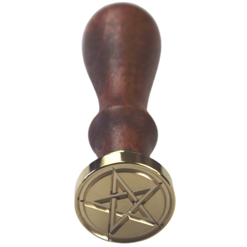 Brass wax seal stamp of a pentacle on a wooden handle