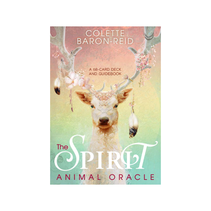 front cover of the spirit animal oracle box  featuring a white deer with flowers and feathers hanging off its antlers