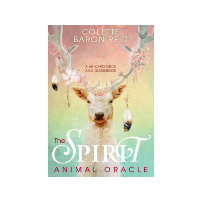 front cover of the spirit animal oracle box  featuring a white deer with flowers and feathers hanging off its antlers