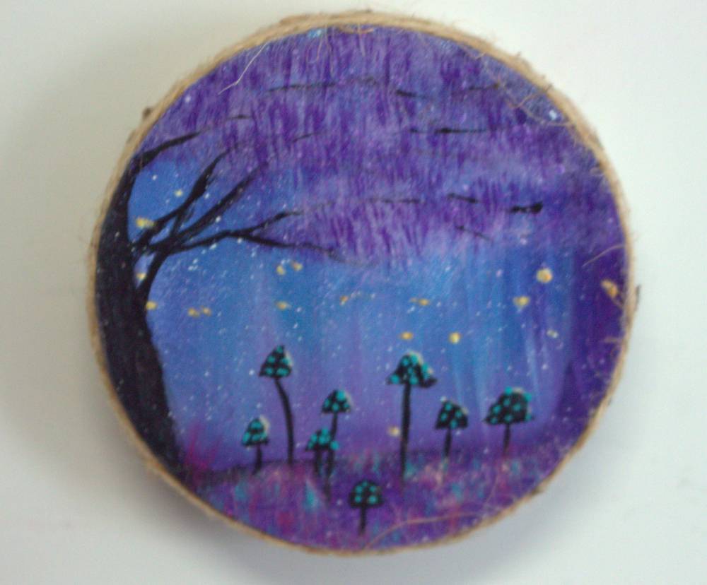 Hand Painted Wooden Fridge Magnet Purple Wisteria Garden with Mushrooms- Home Décor
