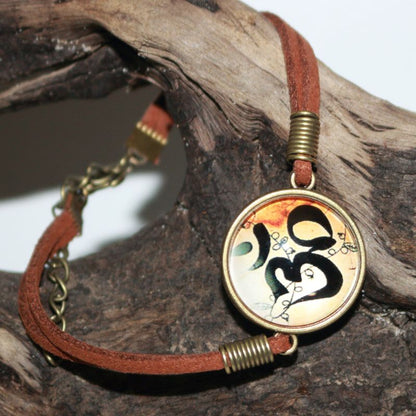 Orange Aum Om Symbol Adjustable Leather Bracelet - Meditation Bracelet