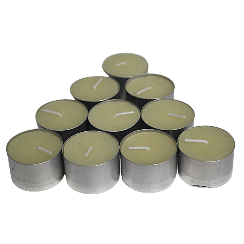 10 natural beeswax tealight candles in aluminium cups, arranged in a triangle pattern on a white background