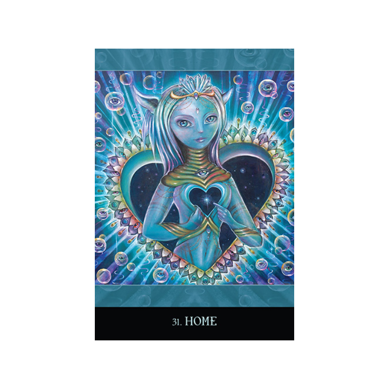 card from the beyond lemuria oracle deck featuring  blue female spirit with gold neck jewellery in a colourful love heart window surrounded by bubbles with eyes in them