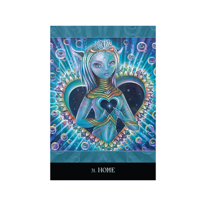 card from the beyond lemuria oracle deck featuring  blue female spirit with gold neck jewellery in a colourful love heart window surrounded by bubbles with eyes in them