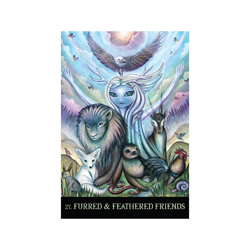 card from the beyond lemuria oracle deck featuring  forest spirit with animals surrounding her- named furred and feathered friends