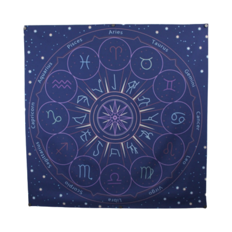 blue astrology tarot cloth/ wall hanging. purple compass in centre of cloth. surrounding this is the constellation line drawings. The next circle around this is the star sign symbols in linked circles. The outer ring shows the english names of the star signs.