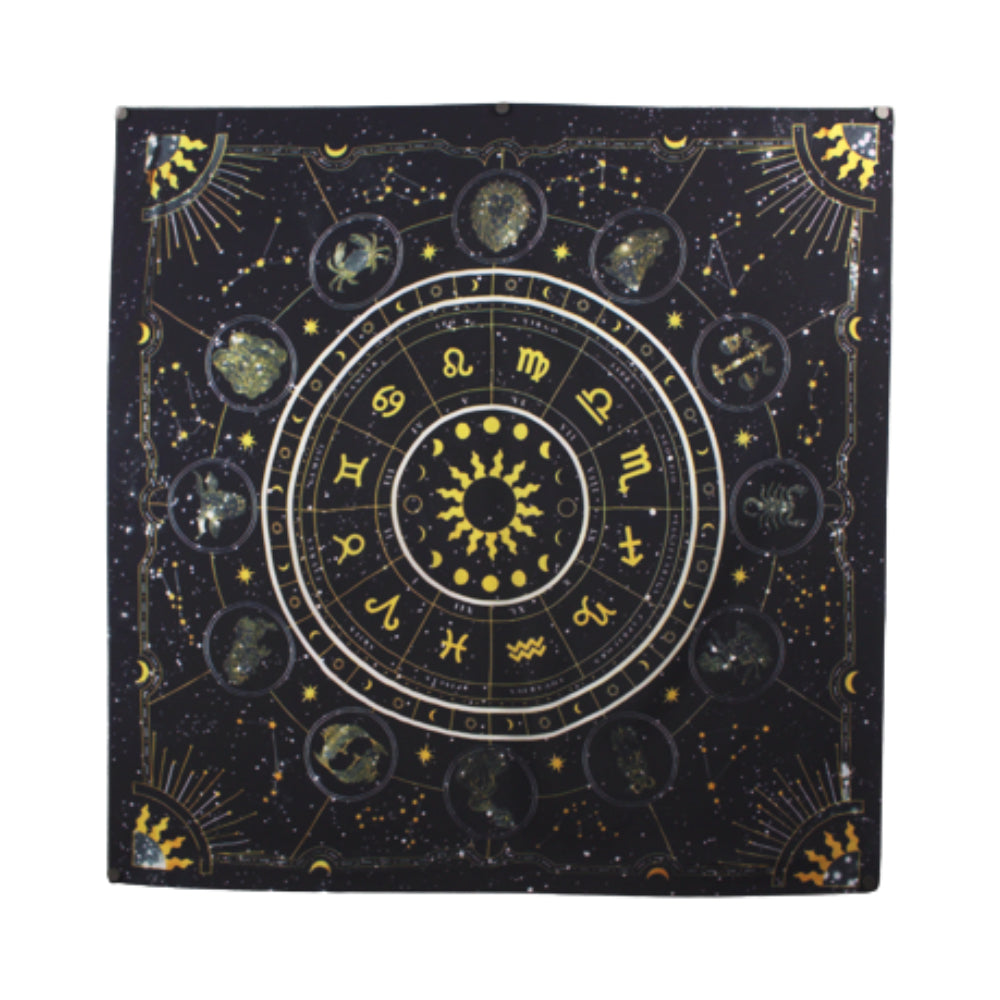 Black Tarot Cloth/ Altar Cloth/ Wheel of the Zodiac Astrology Wall Hanging
