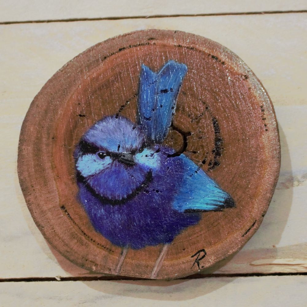 Hand Painted Wooden Ornament -Splendid Fairy Wren Wood Round -Home Décor