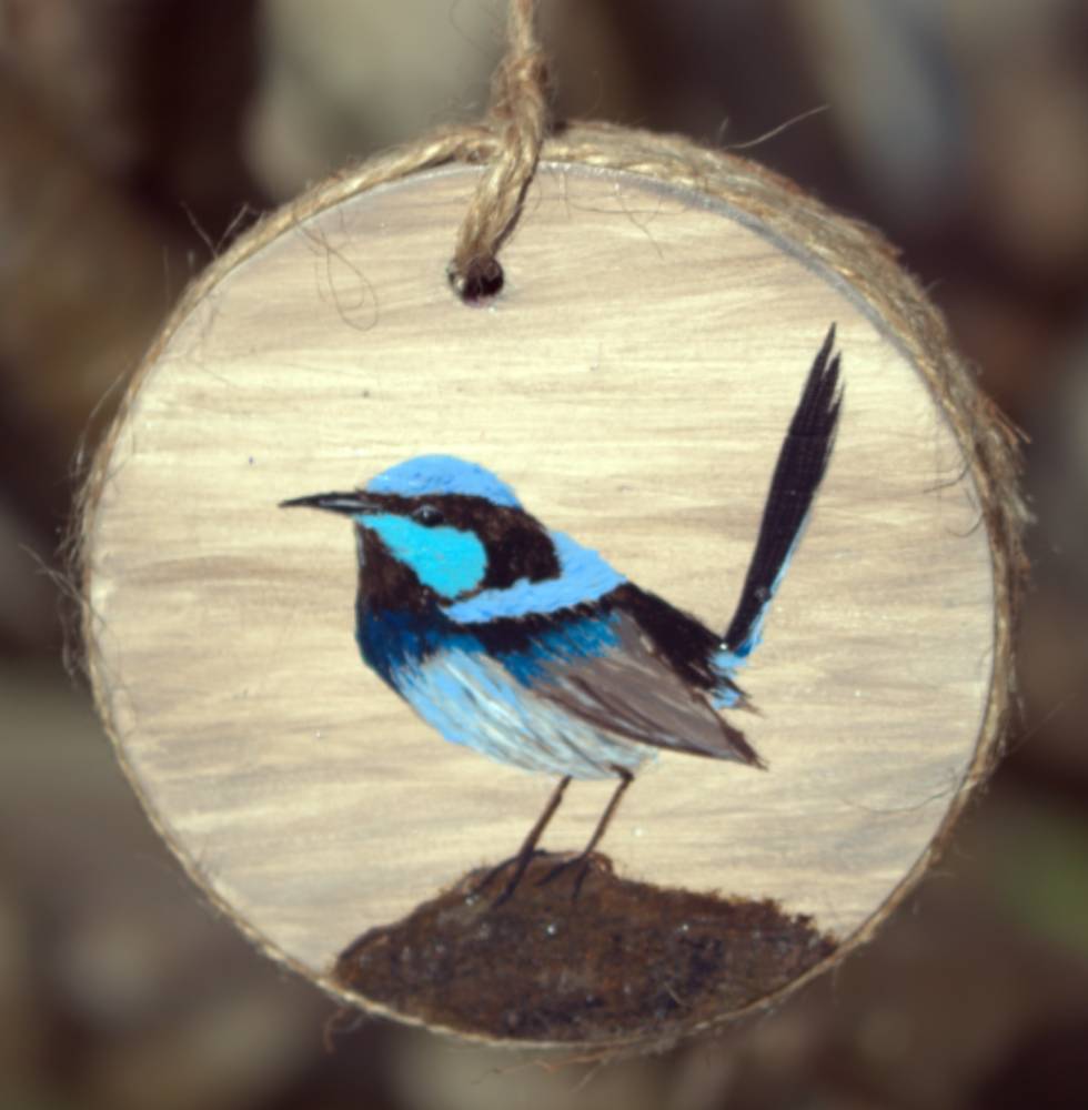 Hand Painted Wooden Ornament - Blue and Brown Australian Fairy Wren- Home Décor