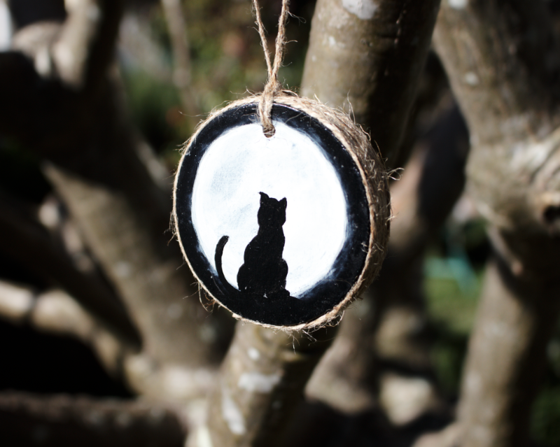 Hand Painted Wooden Ornament Black Cat and Triple Moon Goddess- Home Décor