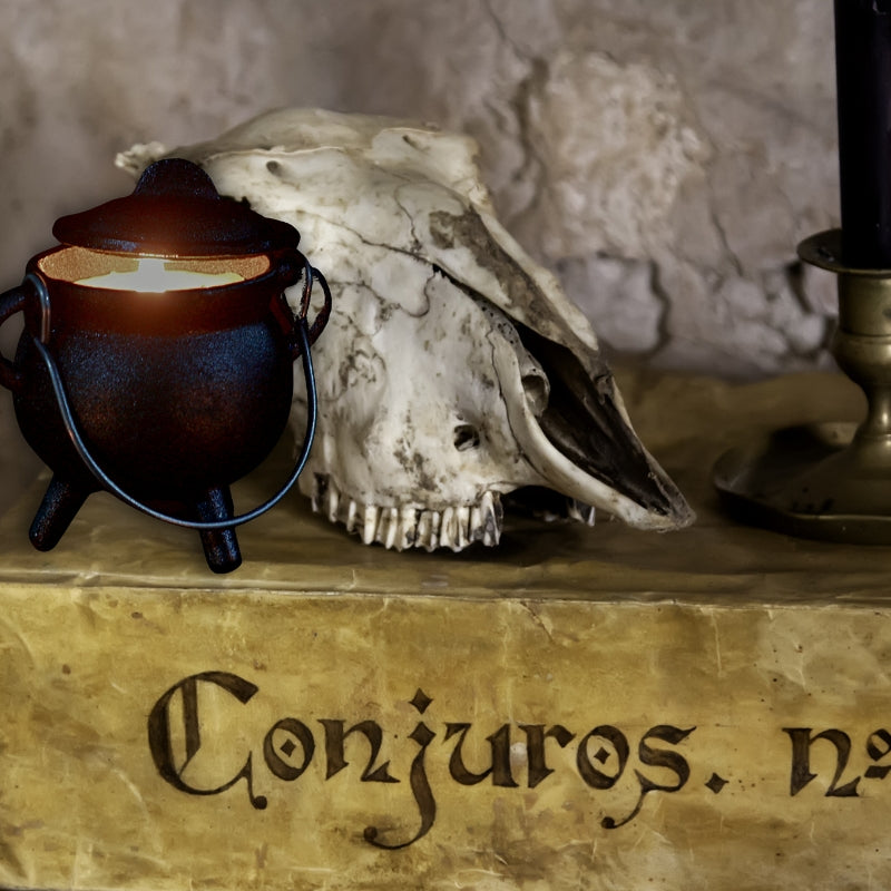 Cast iron cauldron candle on an old spell book next to  a skull