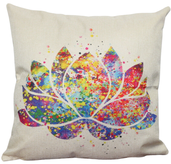 printed rainbow coloured lotus flower on a linen cushion cover